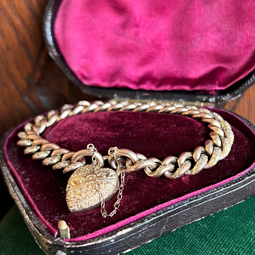 Antique Victorian Gold Heart Padlock Link Bracelet in Original Box, c.1890
