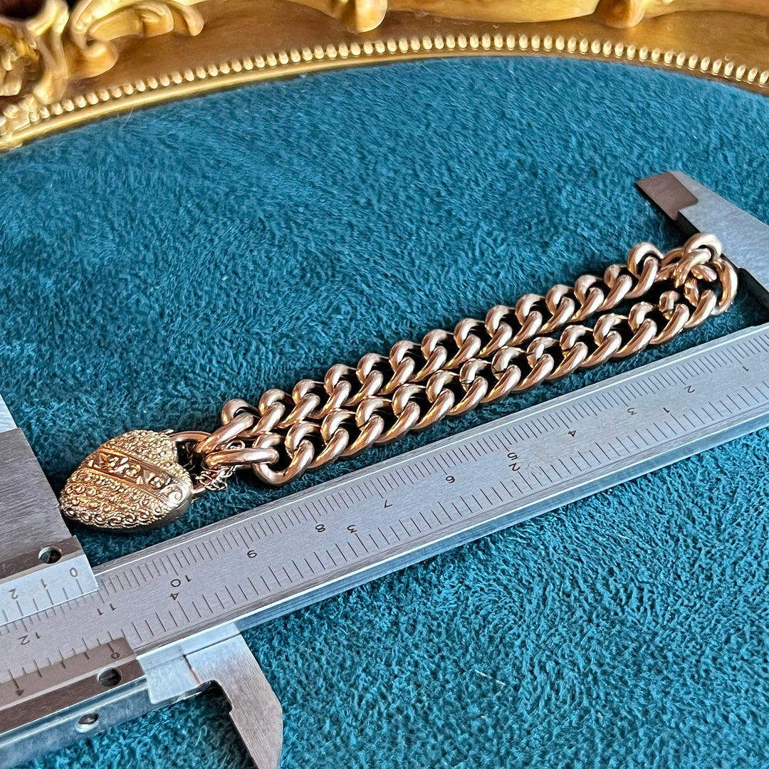 Antique Victorian Gold Heart Padlock Link Bracelet in Original Box, c.1890