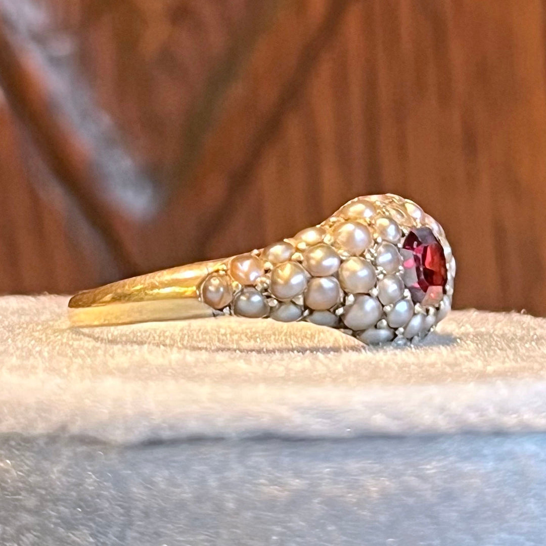 Antique Victorian Gold Ring Garnet and Pearl Cluster c. 1860