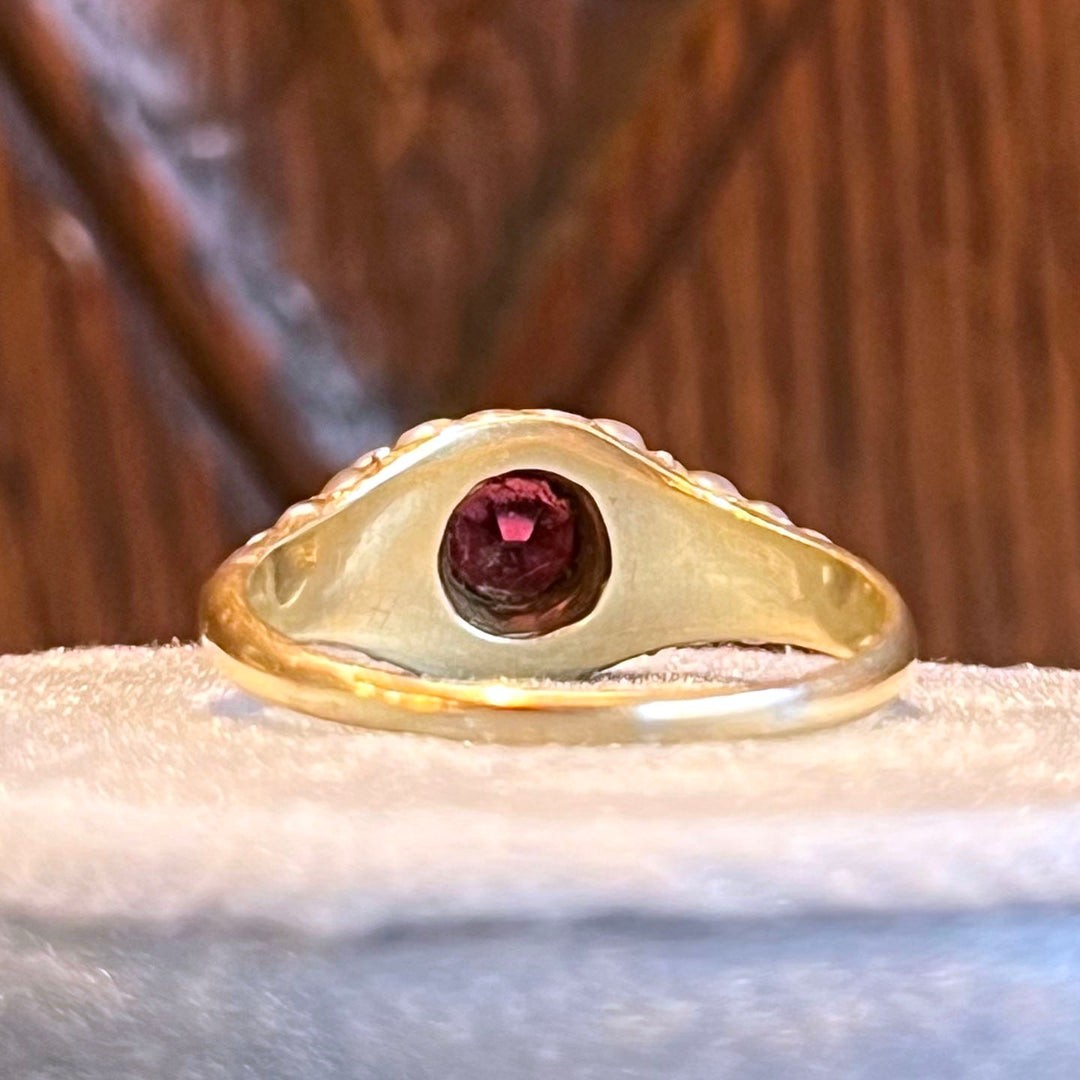Antique Victorian Gold Ring Garnet and Pearl Cluster c. 1860