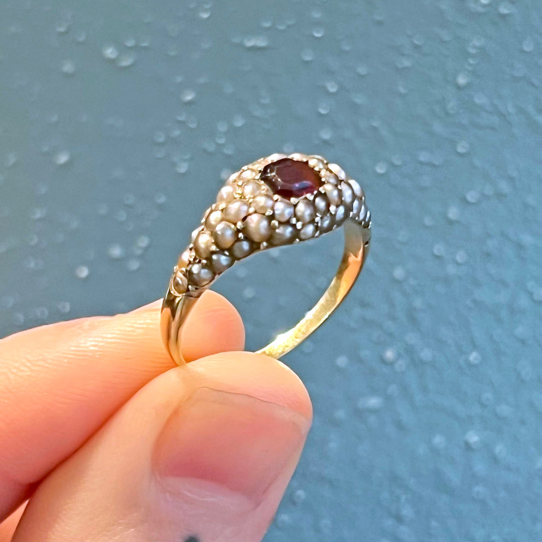 Antique Victorian Gold Ring Garnet and Pearl Cluster c. 1860