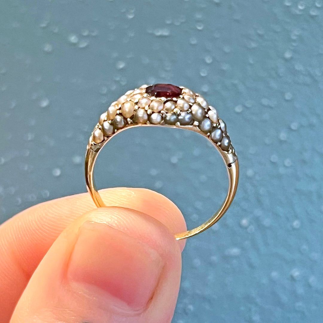 Antique Victorian Gold Ring Garnet and Pearl Cluster c. 1860