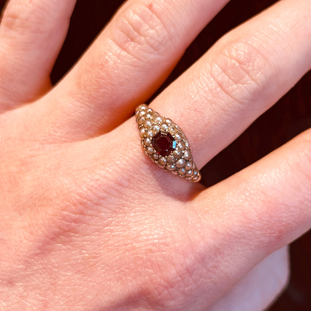 Antique Victorian Gold Ring Garnet and Pearl Cluster c. 1860