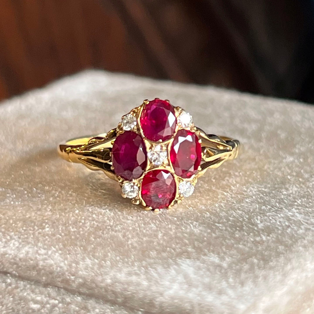 Antique Victorian Gold Ruby Diamond Cluster Ring c. 1890