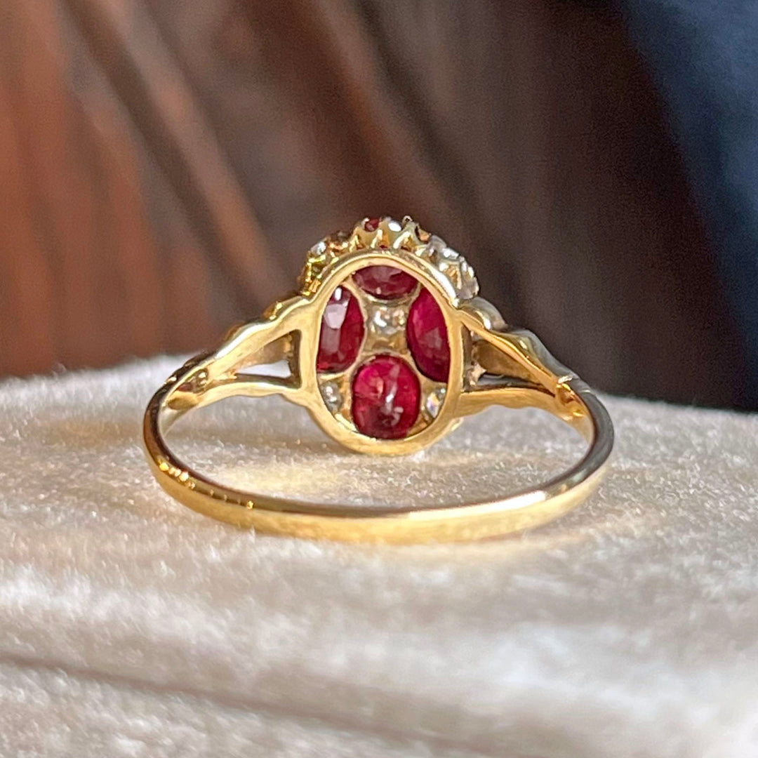 Antique Victorian Gold Ruby Diamond Cluster Ring c. 1890