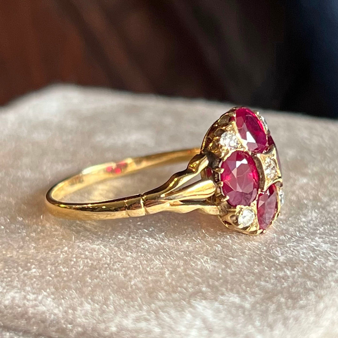 Antique Victorian Gold Ruby Diamond Cluster Ring c. 1890