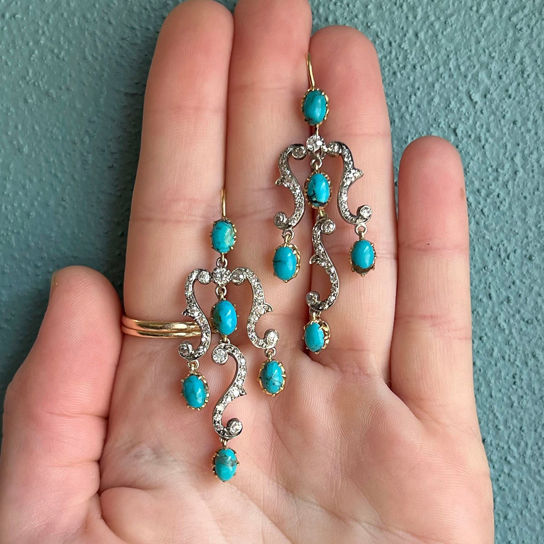Antique Victorian Gold Silver Turquoise and Diamond Drop Earrings, c.1860