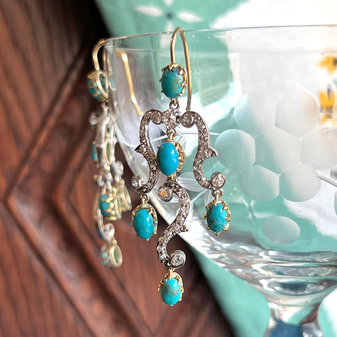 Antique Victorian Gold Silver Turquoise and Diamond Drop Earrings, c.1860