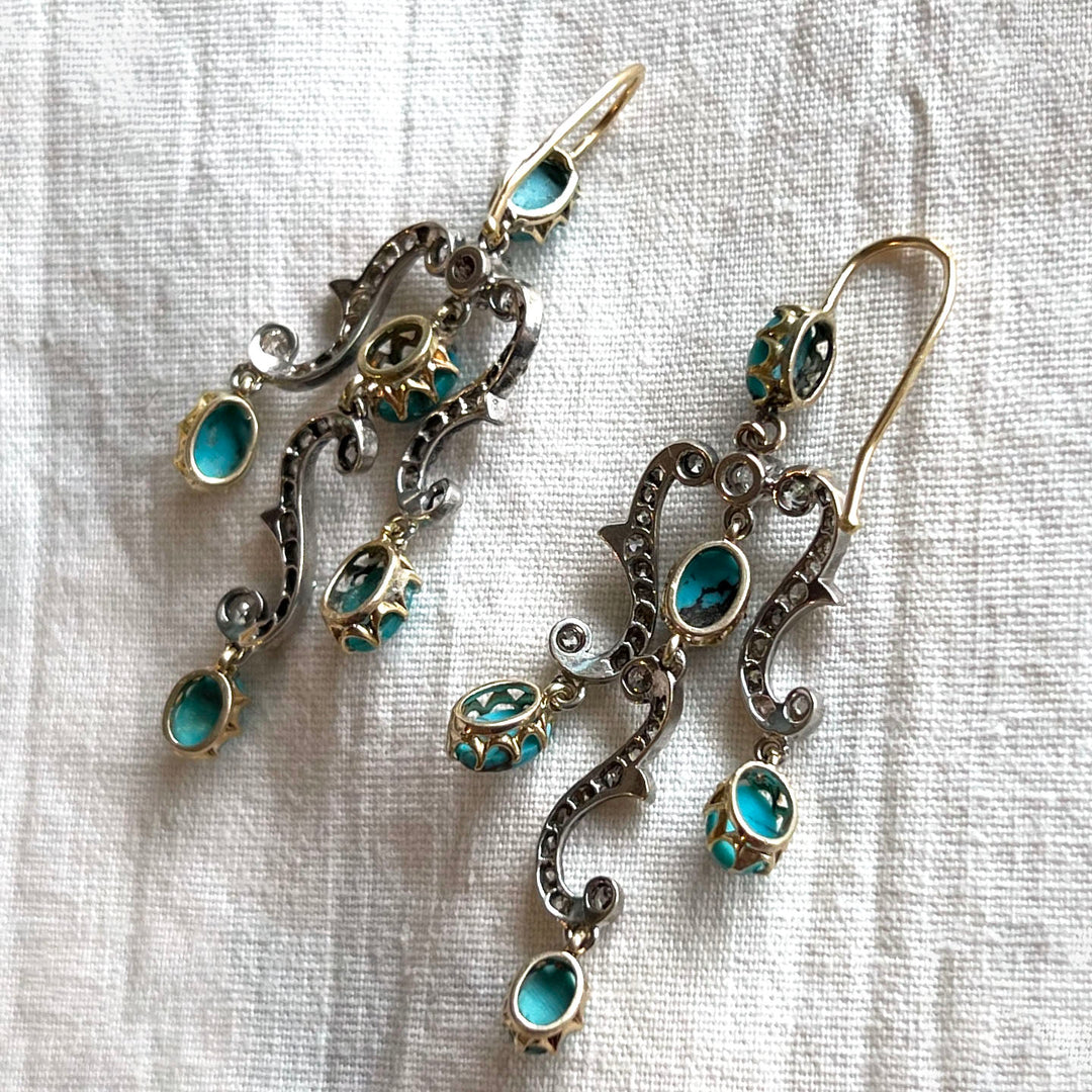 Antique Victorian Gold Silver Turquoise and Diamond Drop Earrings, c.1860