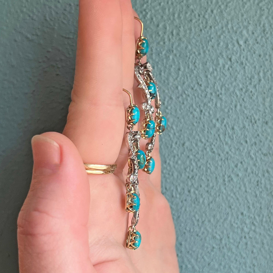 Antique Victorian Gold Silver Turquoise and Diamond Drop Earrings, c.1860