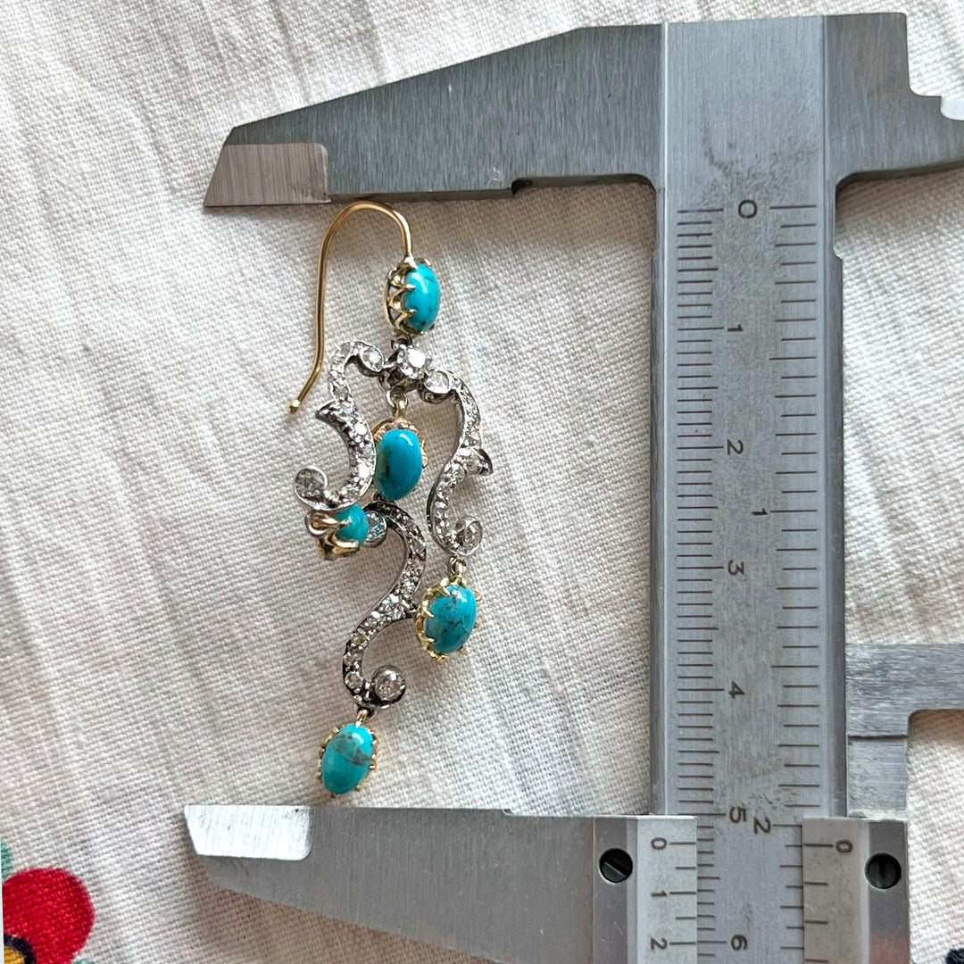 Antique Victorian Gold Silver Turquoise and Diamond Drop Earrings, c.1860
