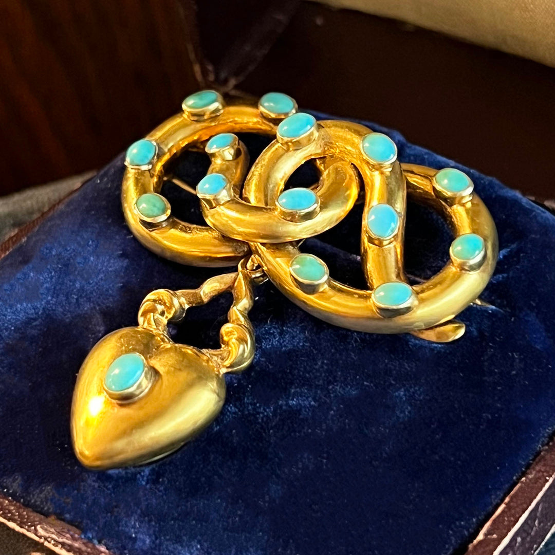 Antique Victorian Love Knot Brooch 18k Gold Turquoise Heart Memorial Locket c. 1850