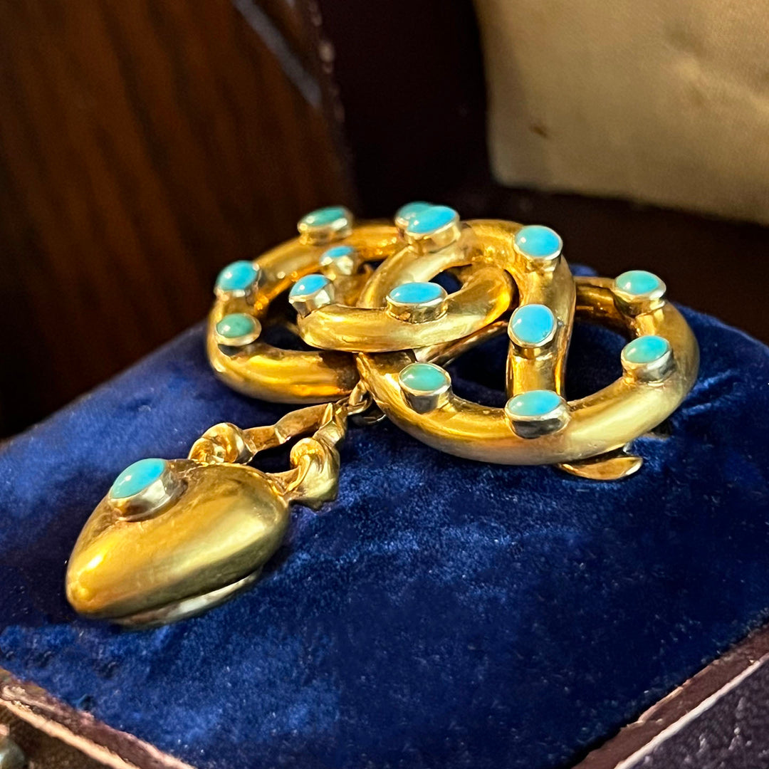 Antique Victorian Love Knot Brooch 18k Gold Turquoise Heart Memorial Locket c. 1850