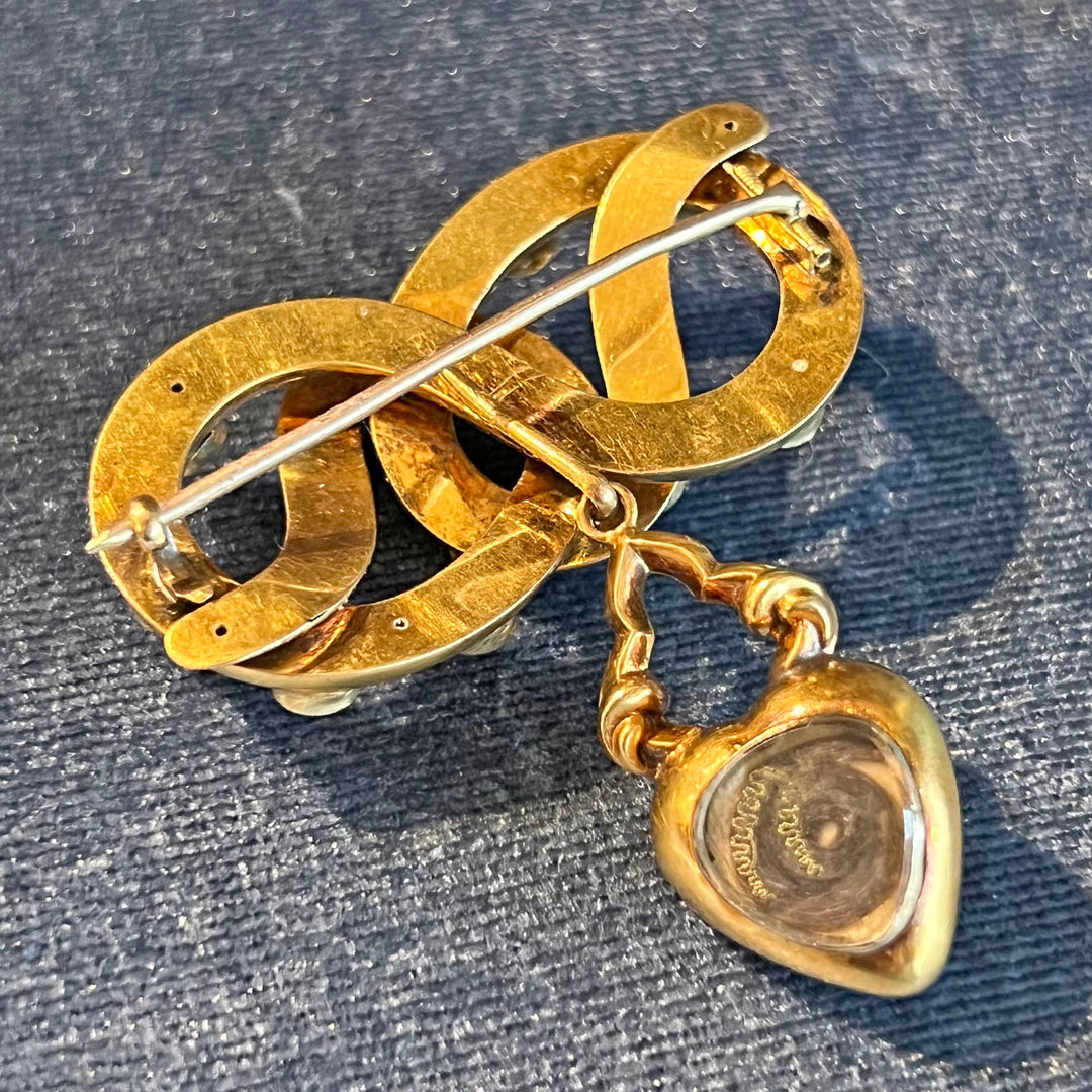 Antique Victorian Love Knot Brooch 18k Gold Turquoise Heart Memorial Locket c. 1850