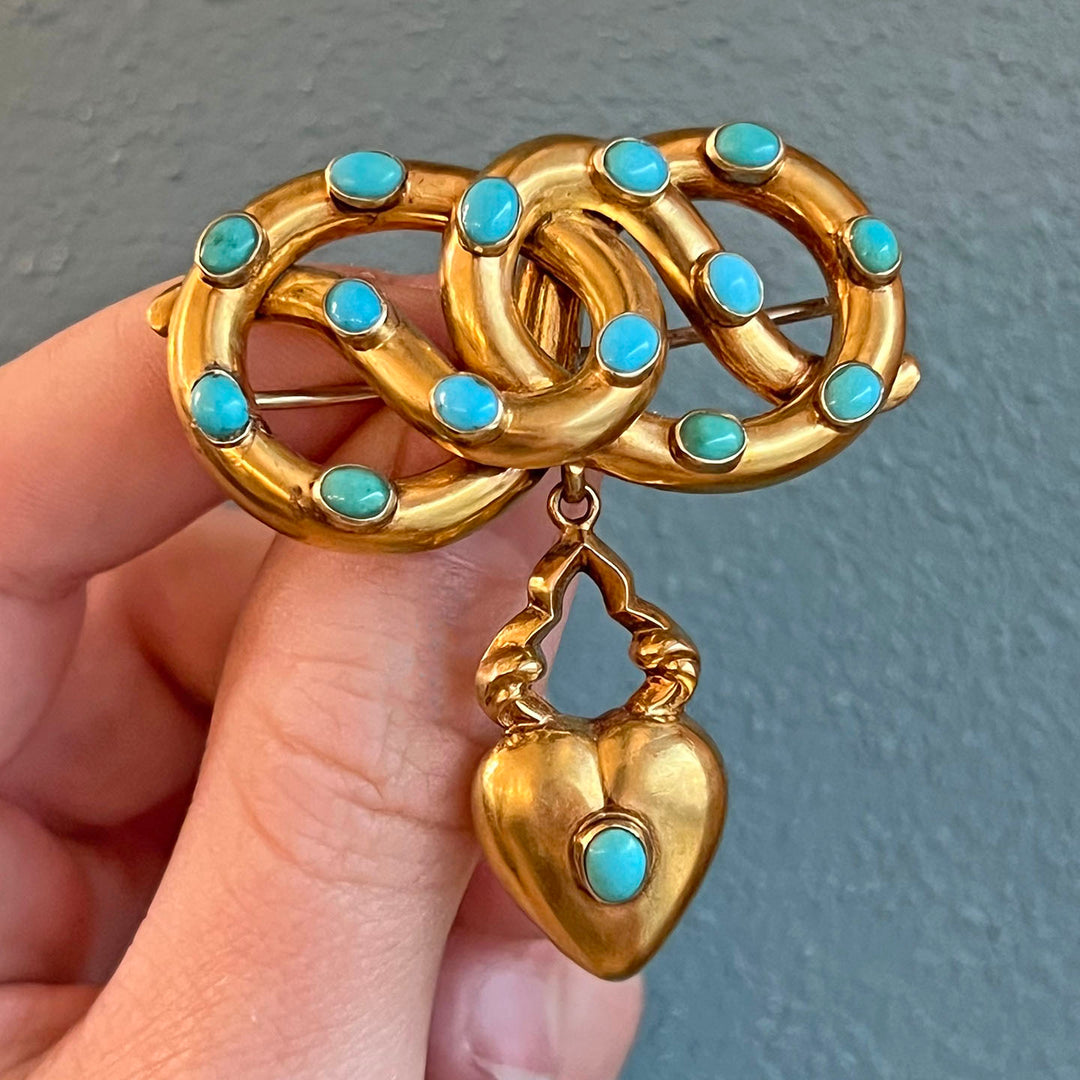 Antique Victorian Love Knot Brooch 18k Gold Turquoise Heart Memorial Locket c. 1850