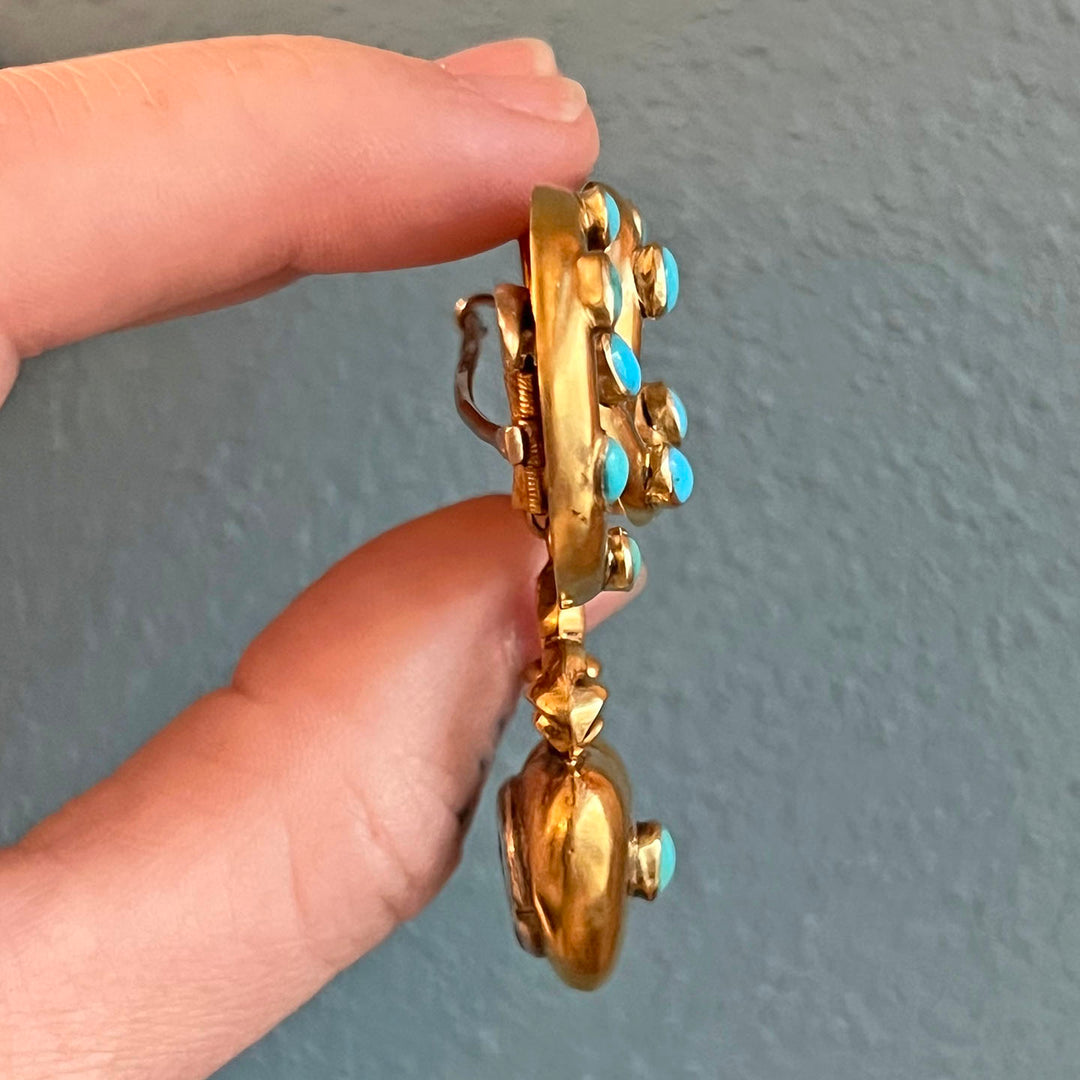 Antique Victorian Love Knot Brooch 18k Gold Turquoise Heart Memorial Locket c. 1850