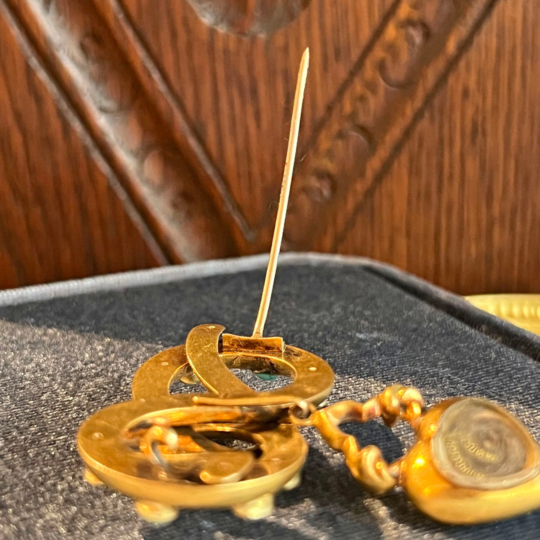 Antique Victorian Love Knot Brooch 18k Gold Turquoise Heart Memorial Locket c. 1850