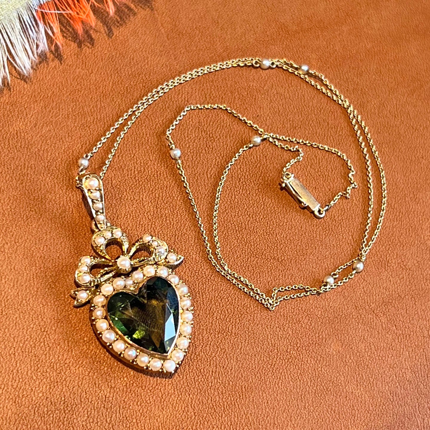 Antique Victorian Necklace Green Tourmaline Pearl Heart Gold Pendant