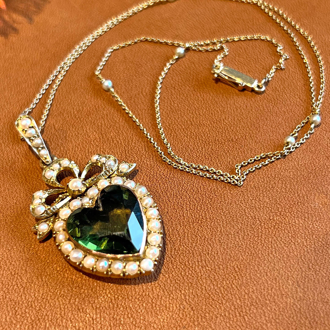 Antique Victorian Necklace Green Tourmaline & Pearl Heart Gold Pendant, c. 1890