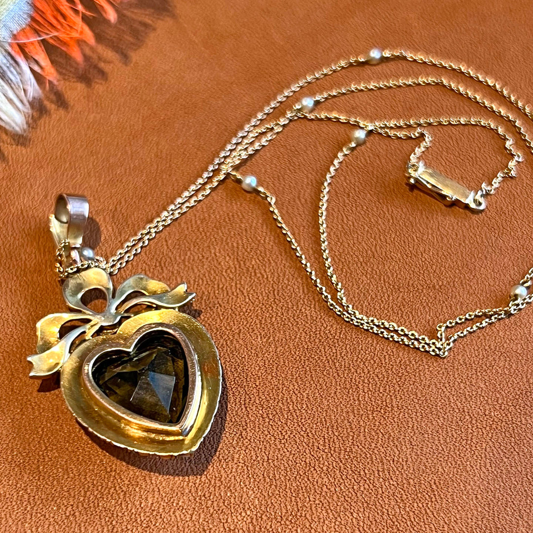 Antique Victorian Necklace Green Tourmaline & Pearl Heart Gold Pendant, c. 1890