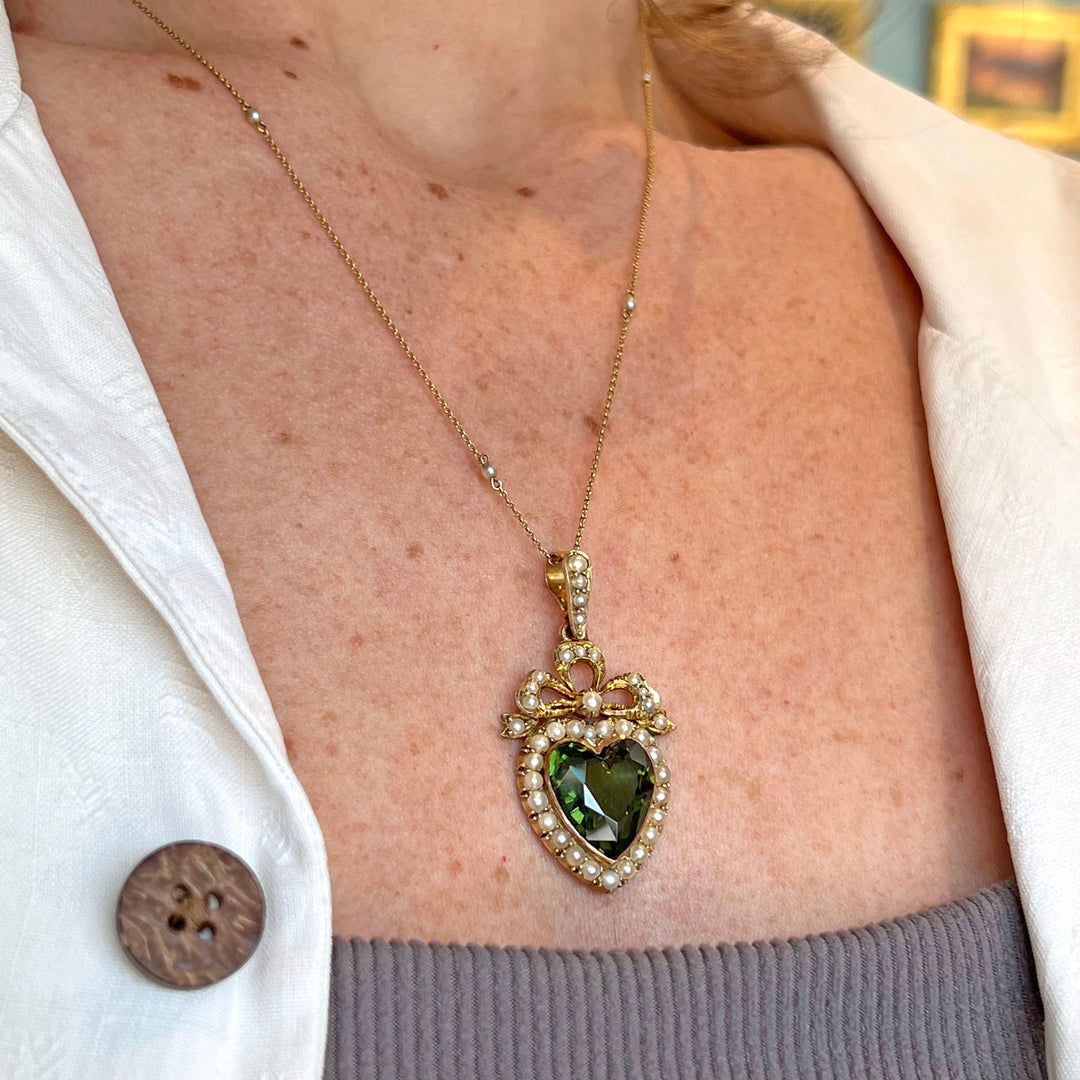 Antique Victorian Necklace Green Tourmaline & Pearl Heart Gold Pendant, c. 1890