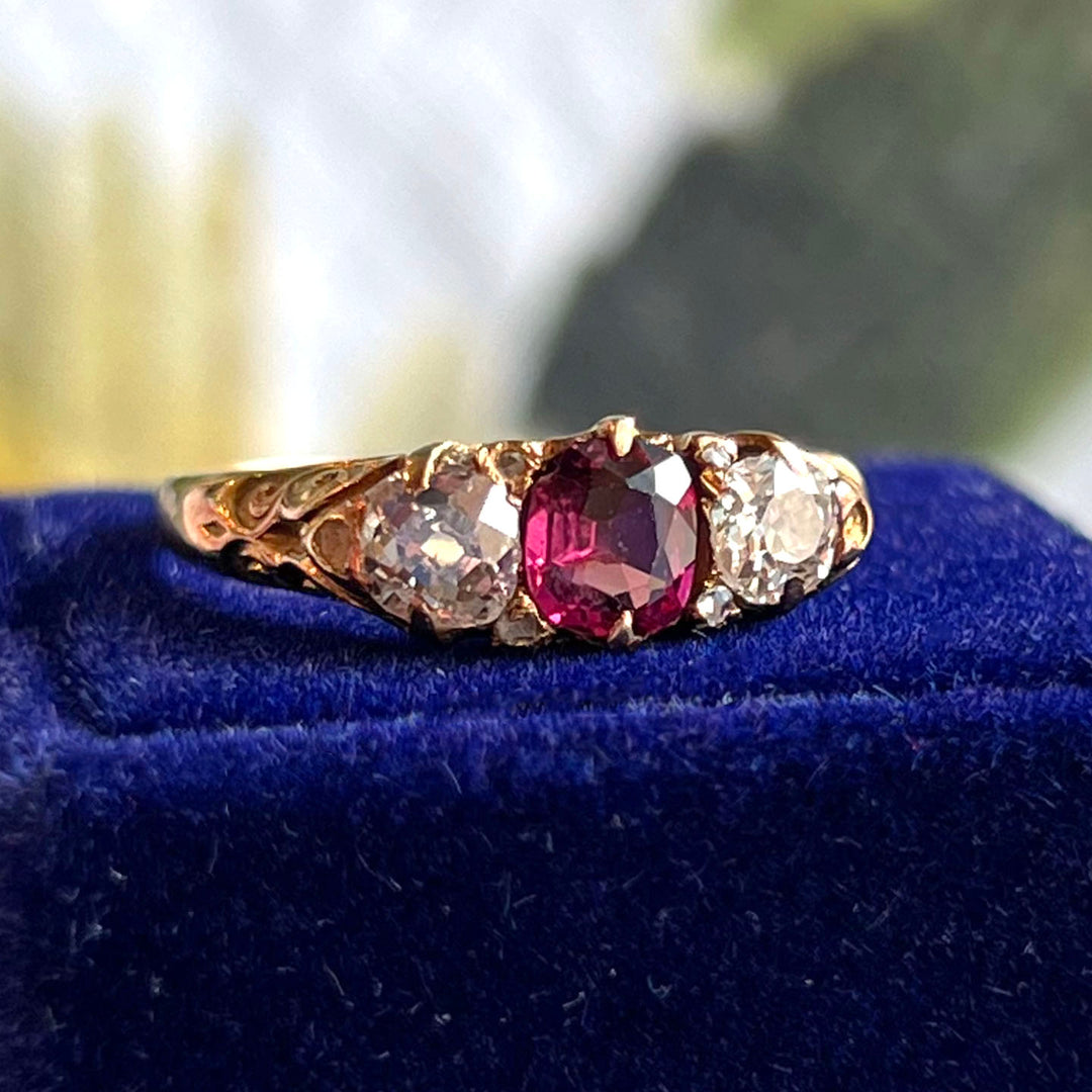 Antique Victorian Ruby Diamond Gold Ring, 15k c. 1890