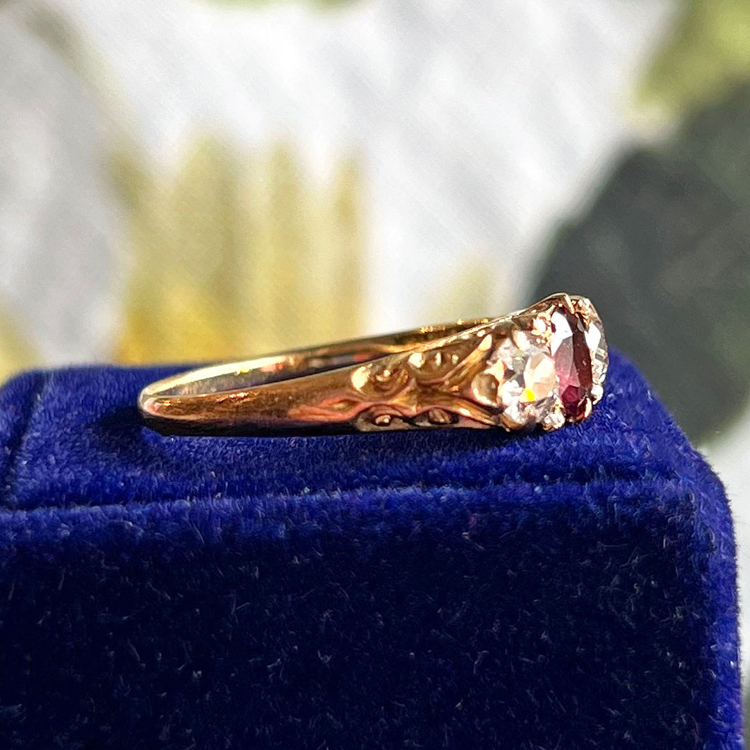 Antique Victorian Ruby Diamond Gold Ring, 15k c. 1890