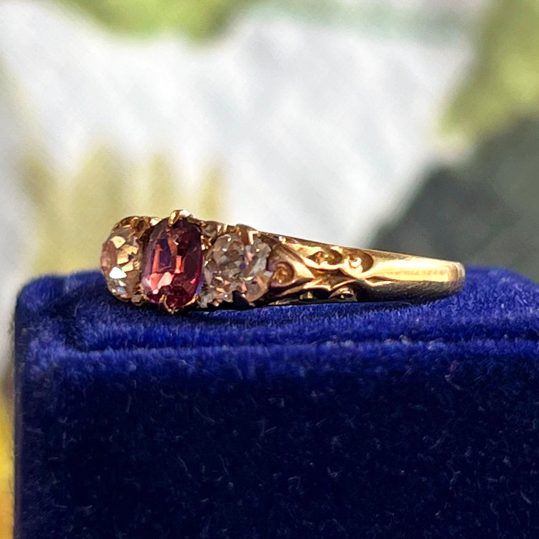Antique Victorian Ruby Diamond Gold Ring, 15k c. 1890