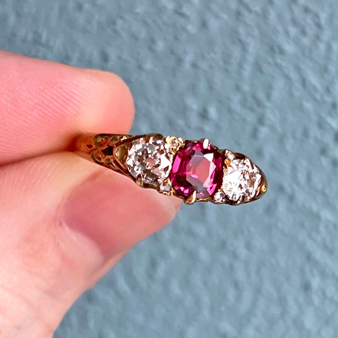 Antique Victorian Ruby Diamond Gold Ring, 15k c. 1890