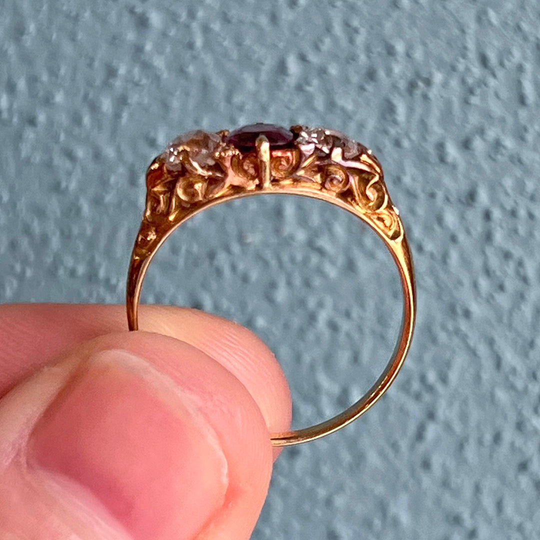 Antique Victorian Ruby Diamond Gold Ring, 15k c. 1890