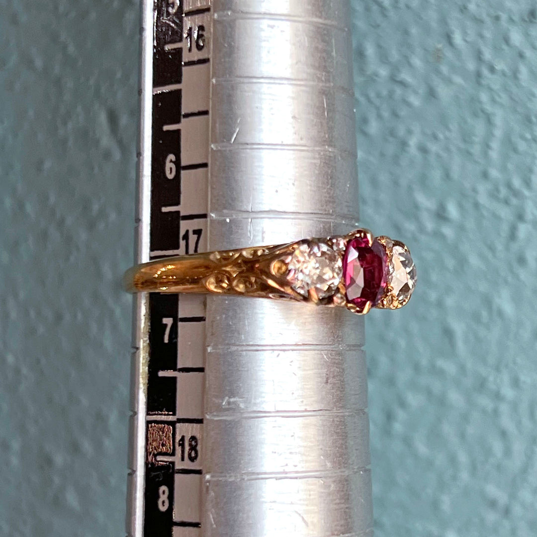 Antique Victorian Ruby Diamond Gold Ring, 15k c. 1890