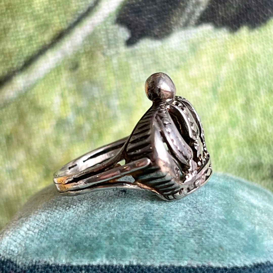 Antique Victorian Silver Engraved Crown Ring, c. 1900