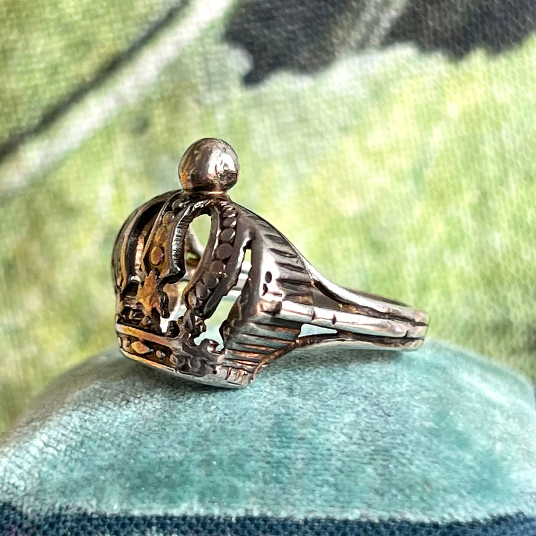Antique Victorian Silver Engraved Crown Ring, c. 1900