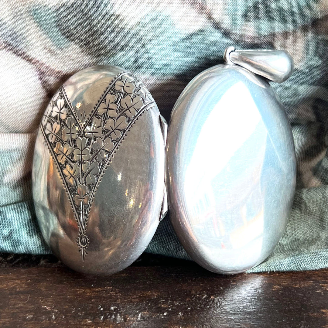 Antique Victorian Silver Locket Clover Engraved with Woven Hair Interior c.1880