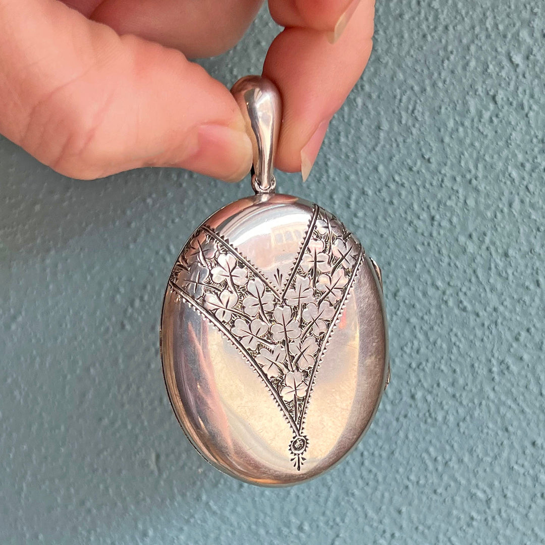 Antique Victorian Silver Locket Clover Engraved with Woven Hair Interior c.1880