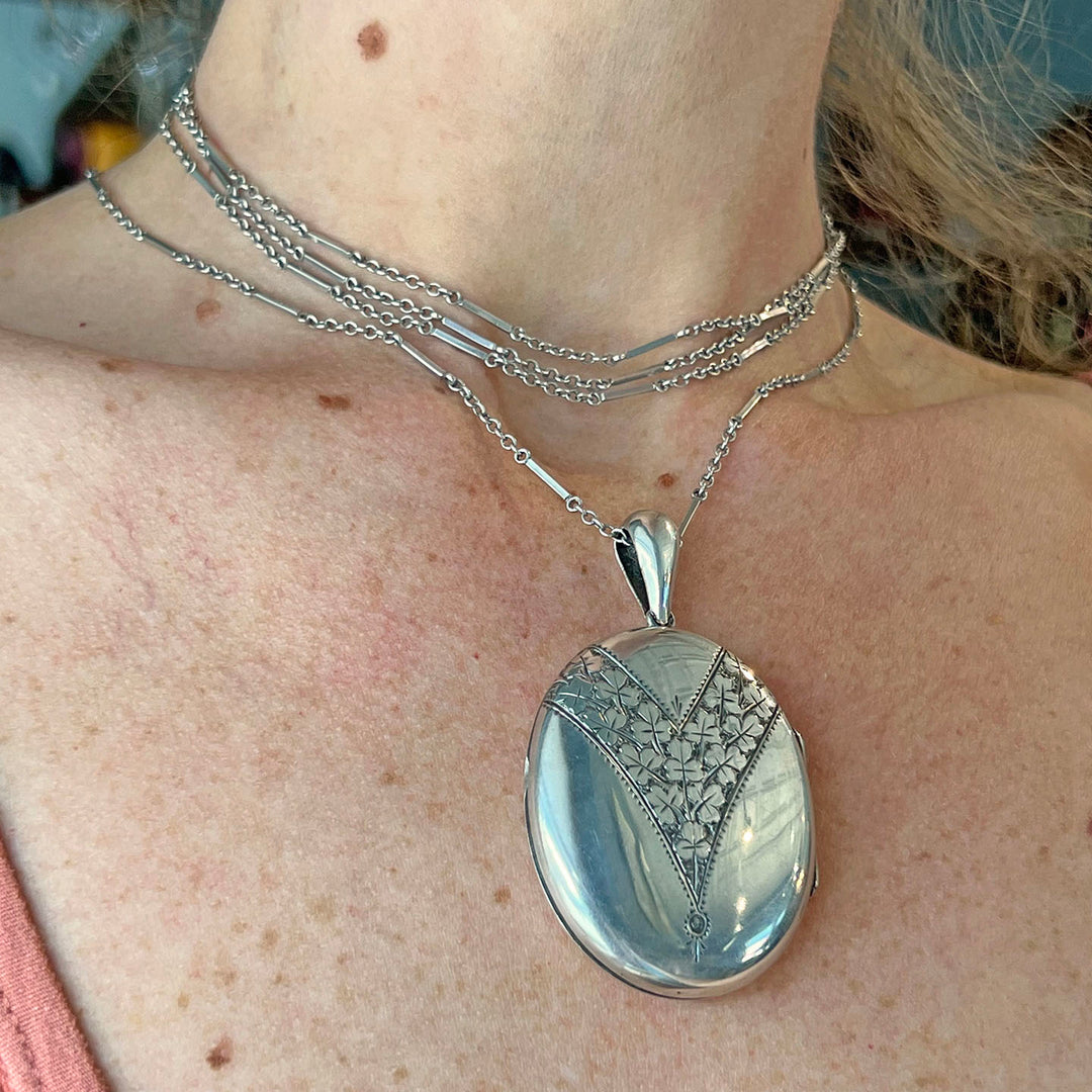 Antique Victorian Silver Locket Clover Engraved with Woven Hair Interior c.1880