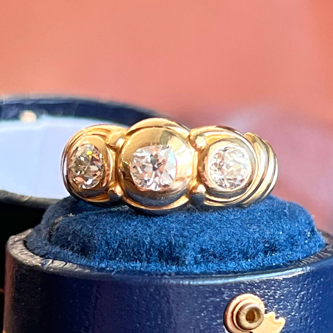 Art Nouveau 3 Stone Diamond Ring 14k Gold Size 7.75