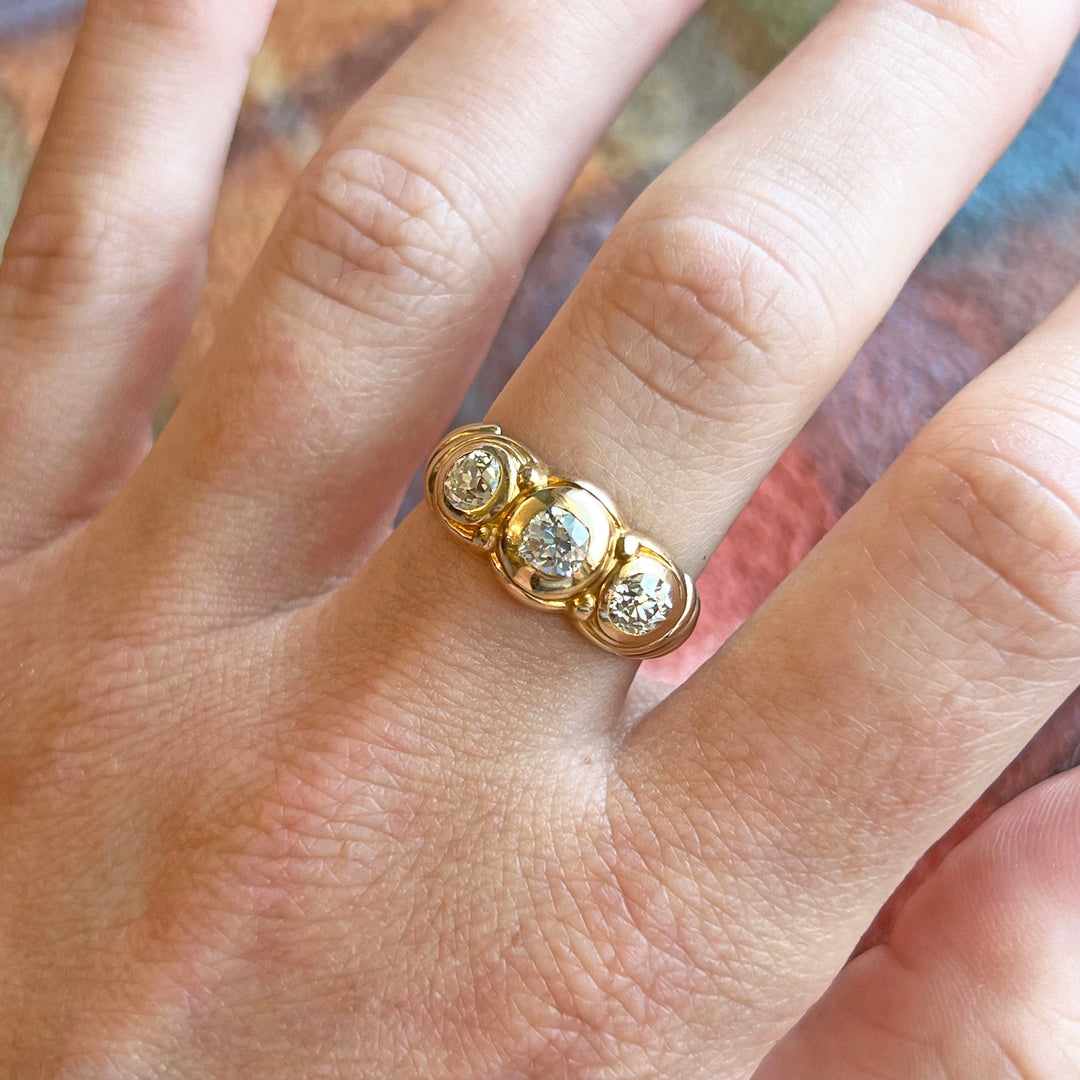 Art Nouveau 3 Stone Diamond Ring 14k Gold Size 7.75