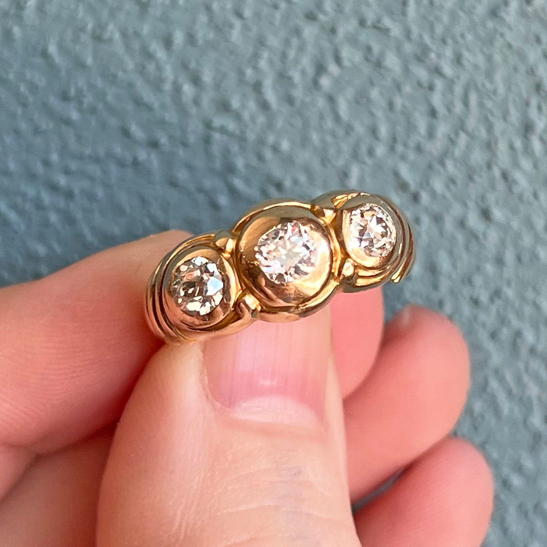 Art Nouveau 3 Stone Diamond Ring 14k Gold Size 7.75