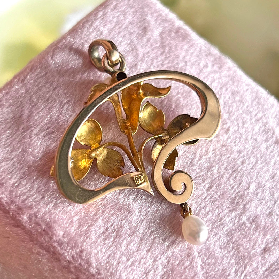 Art Nouveau Gold Pendant Sapphire Pearl c. 1910