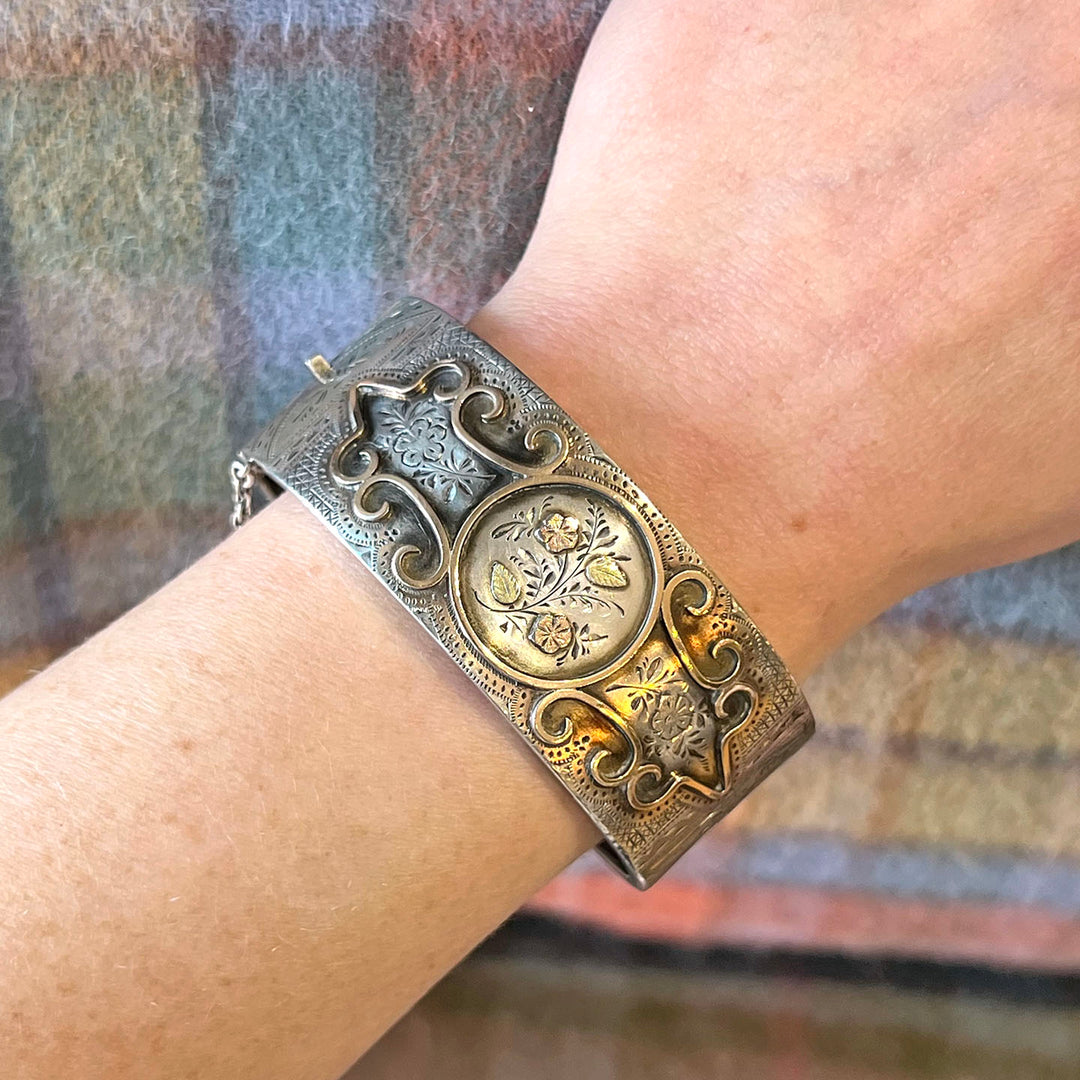 Antique French Silver Gold Floral Bangle, Engraved Masterpiece, c. 1890