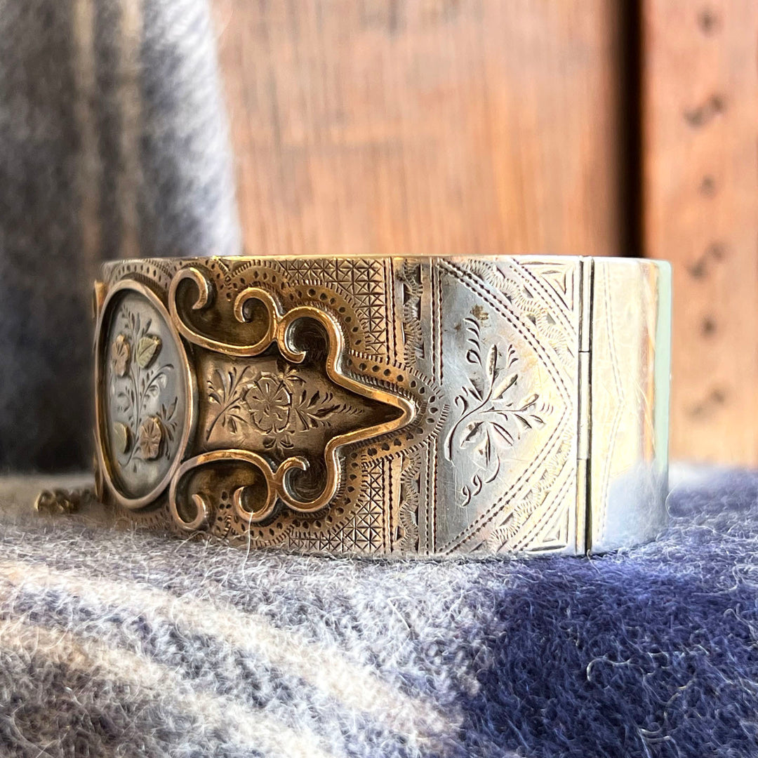 Antique French Silver Gold Floral Bangle, Engraved Masterpiece, c. 1890