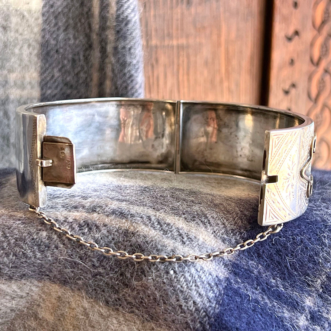 Antique French Silver Gold Floral Bangle, Engraved Masterpiece, c. 1890