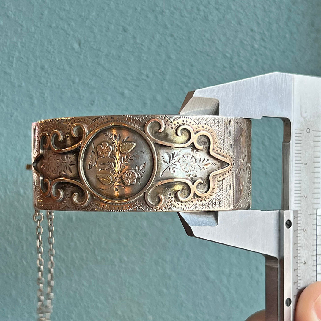 Antique French Silver Gold Floral Bangle, Engraved Masterpiece, c. 1890