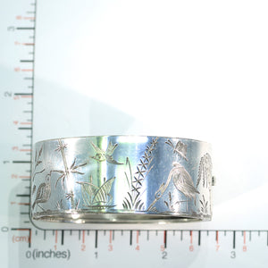 Antique Victorian Silver Engraved Bangle Bracelet Birds Water Ship Scene