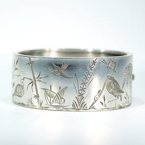 Antique Victorian Silver Engraved Bangle Bracelet Birds Water Ship Scene