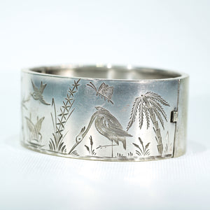 Antique Victorian Silver Engraved Bangle Bracelet Birds Water Ship Scene