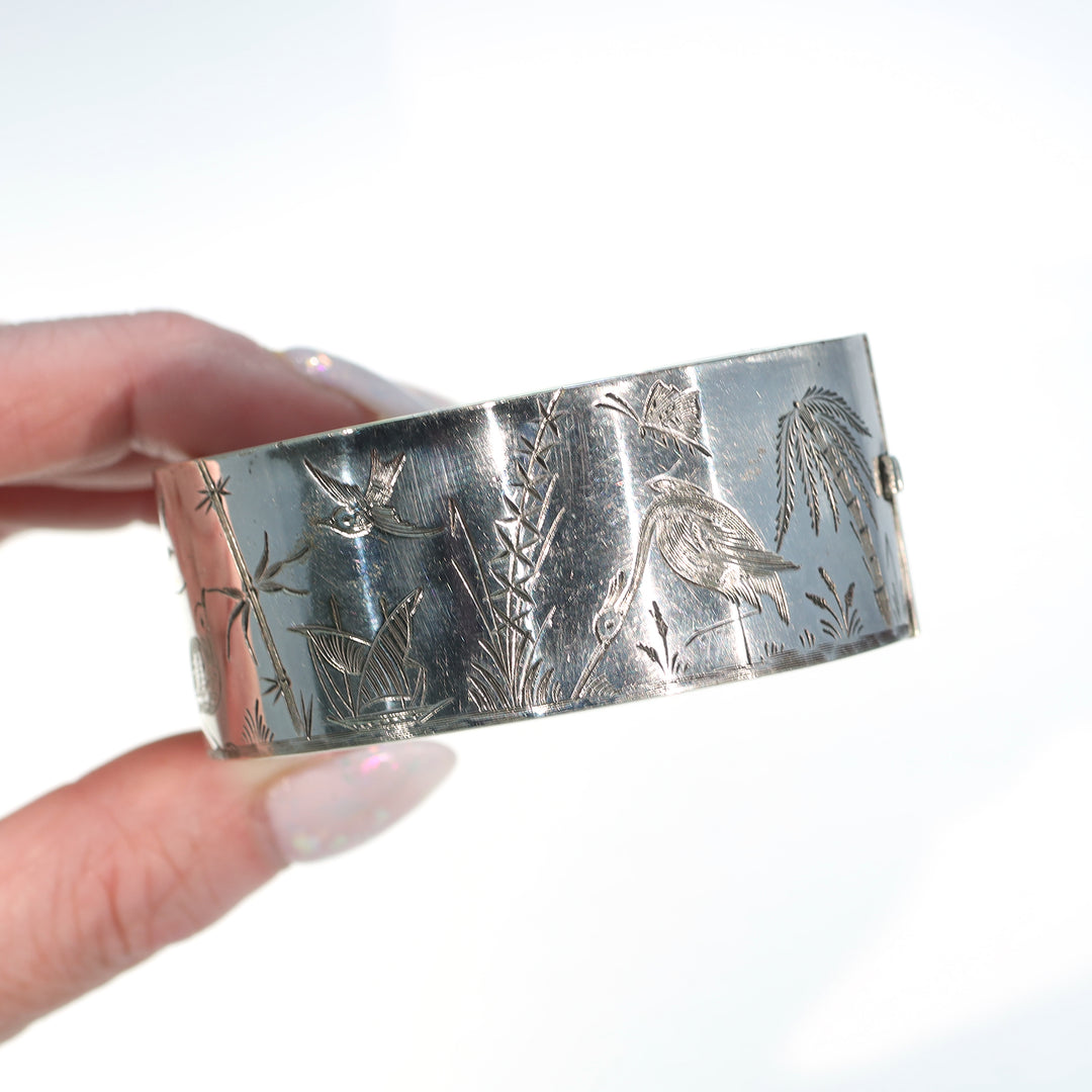 Antique Victorian Silver Engraved Bangle Bracelet Birds Water Ship Scene