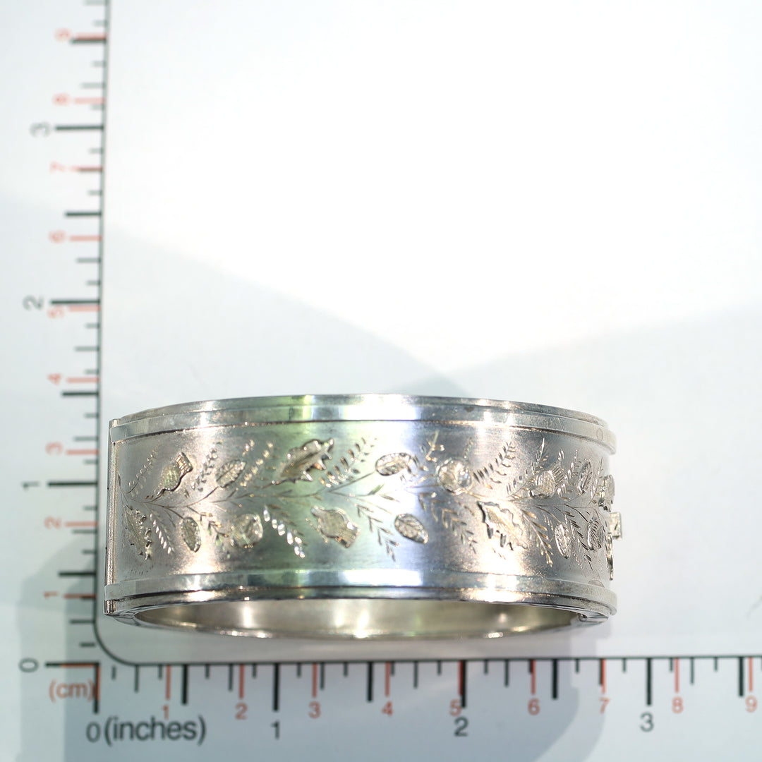 Victorian Sterling Silver Engraved Thistles Bangle Cuff Bracelet Hallmarked 1893