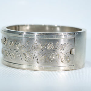Victorian Sterling Silver Engraved Thistles Bangle Cuff Bracelet Hallmarked 1893